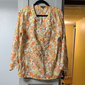 Multiples Orange and Yellow Floral V-Neck Tunic